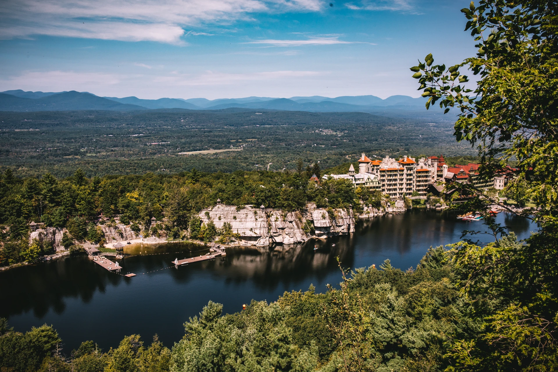 Mohonk Mountain House and its lake viewed from Skytop